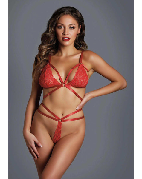 Adore A1114R The Flame… Strappy Lace Bra & Thong Set-Pixie G-String مع لوحة أمامية من الدانتيل-Allure Lingerie-Red-O / S-SatinBoutique