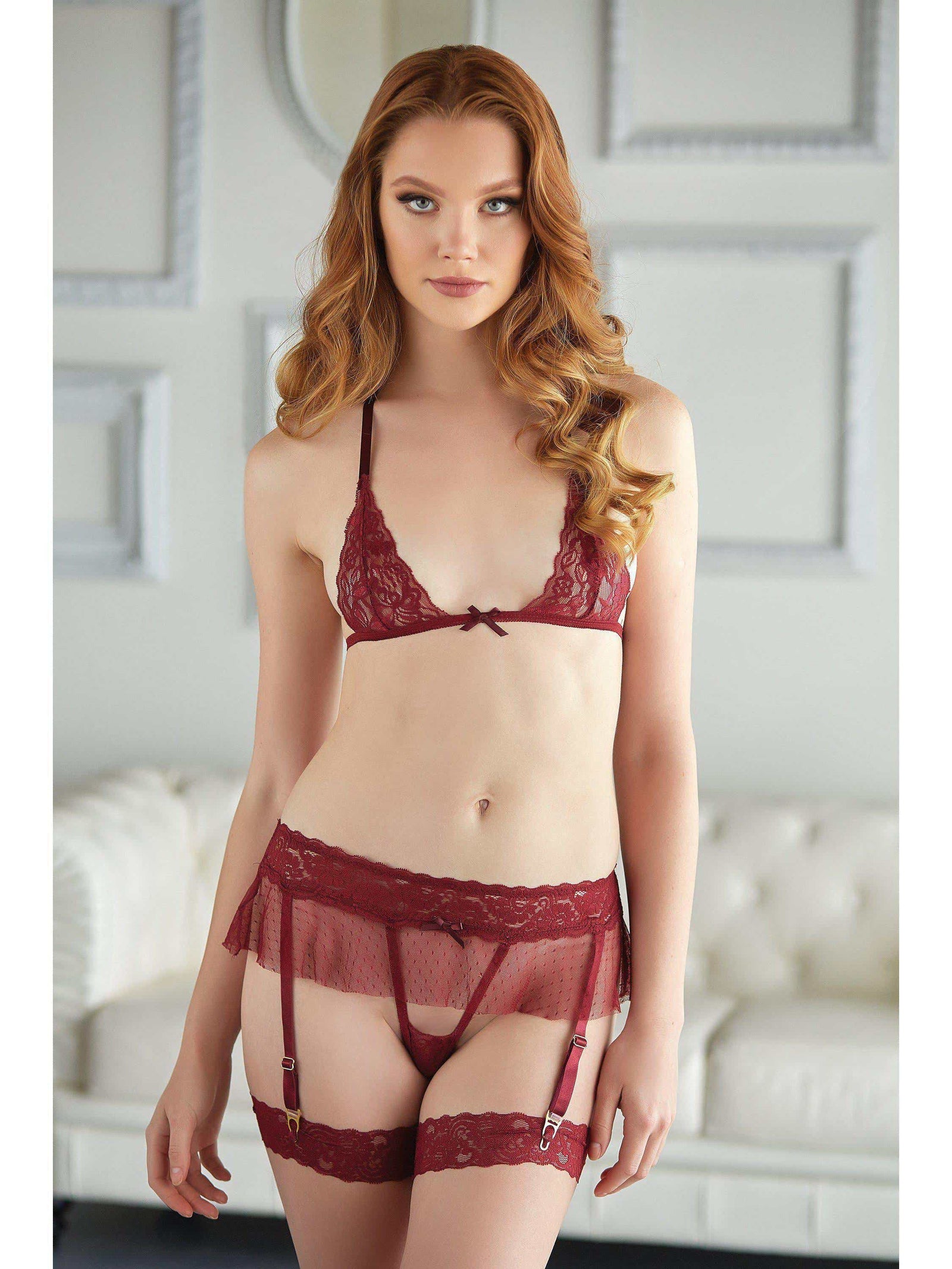 Willow Lace & Mesh Bra & Garter G-string Two Piece Set - S/M - Bra and Garter Set