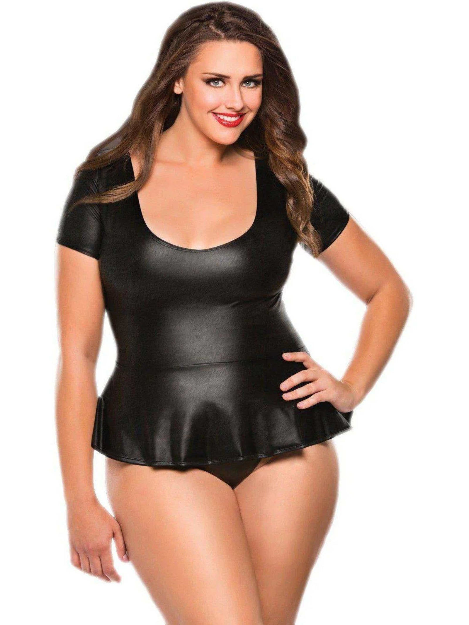 Peplum Top & G-String, Very huggable in ultra soft faux leather in Black, or Red - Leather Top