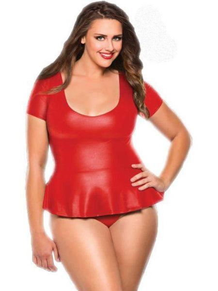 Peplum Top & G-String, Very huggable in ultra soft faux leather in Black, or Red - Leather Top