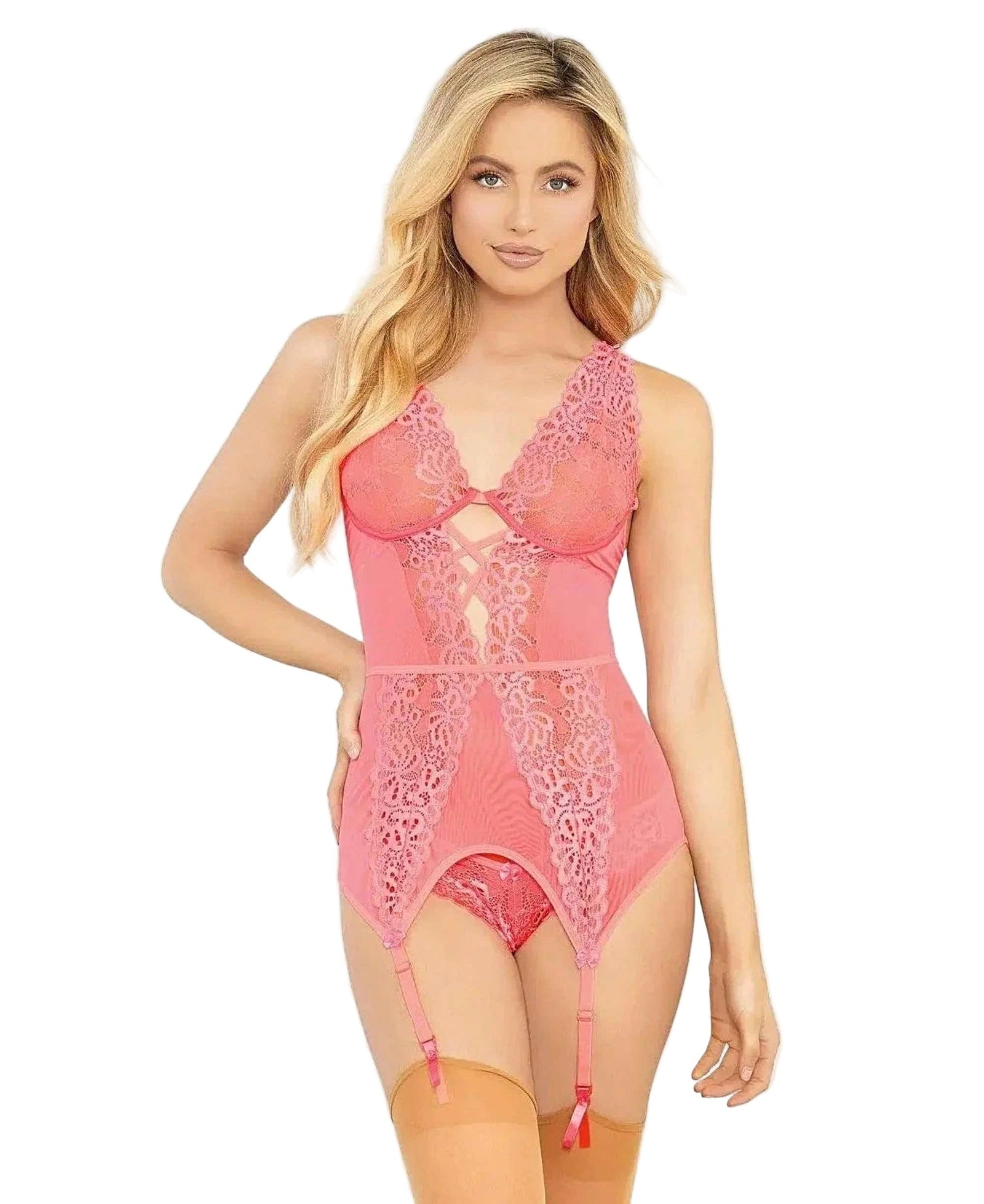 Escante EL-37752H Lace Underwire & Mesh Bustier w/Hose, Coral Pink, S-M-L-XL - Chemise