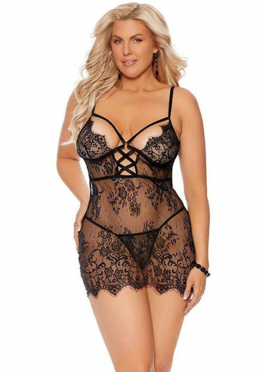 Elegant Moments EM-44105X Eyelash Lace Babydoll-Baby Doll-Elegant Moments-1X-Black-SatinBoutique