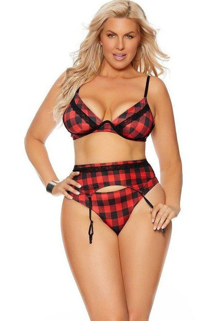 Elegant Moments EM-55066X Buffalo Plaid Print Mono Wire Bra Set-Baby Doll-Elegant Moments-1X-Plaid-SatinBoutique