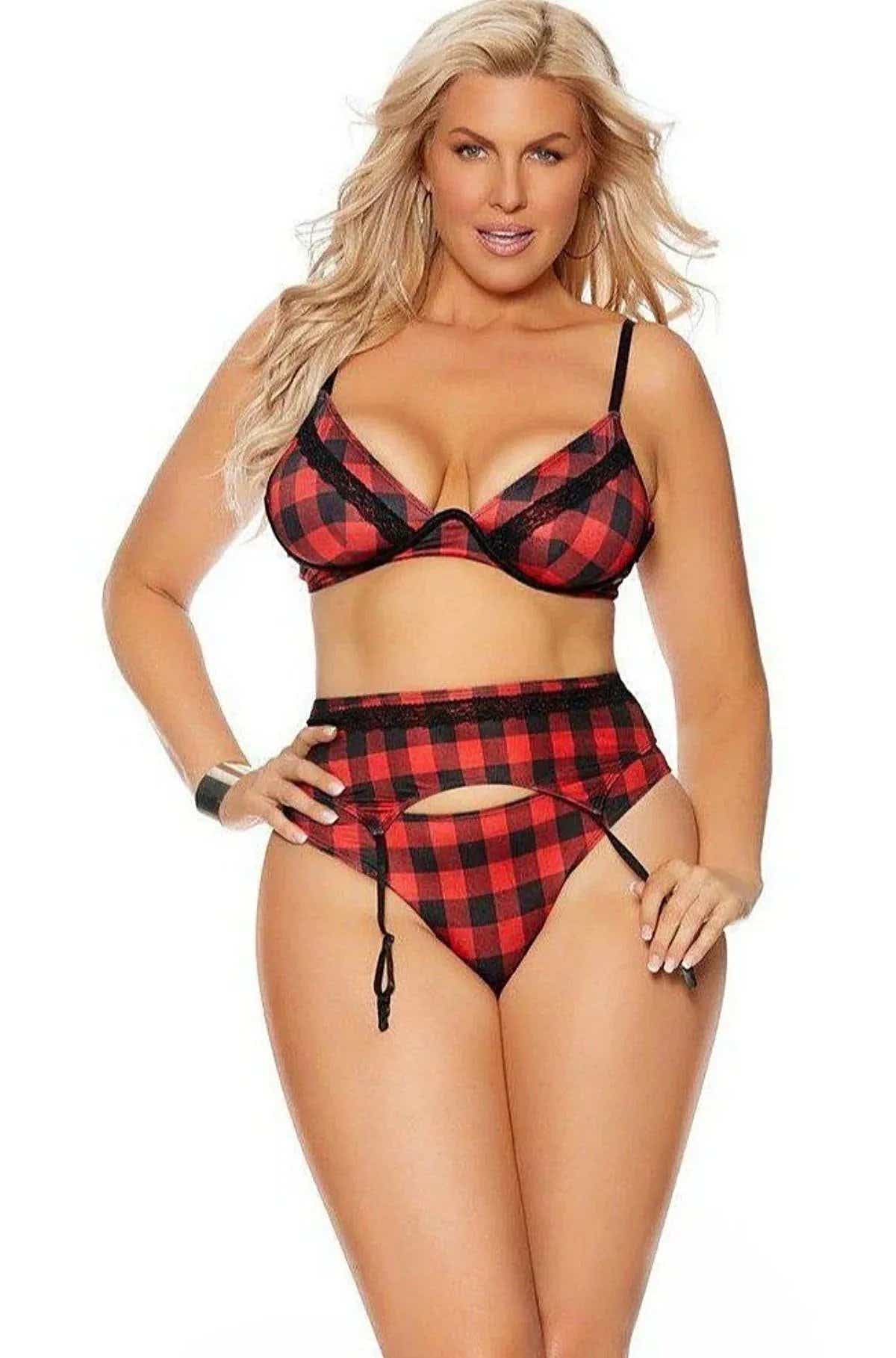 Elegant Moments EM-55066X Buffalo Plaid Print Mono Wire Bra Set - Bra Set