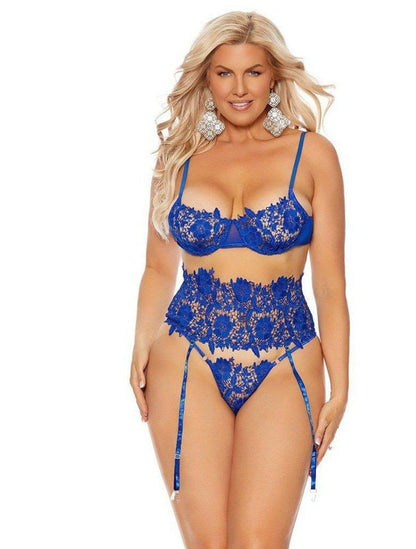 Elegant Moments EM-55069X Embroidered Lace and Mesh Underwire Bra Set-Baby Doll-Elegant Moments-1X-Royal Blue-SatinBoutique