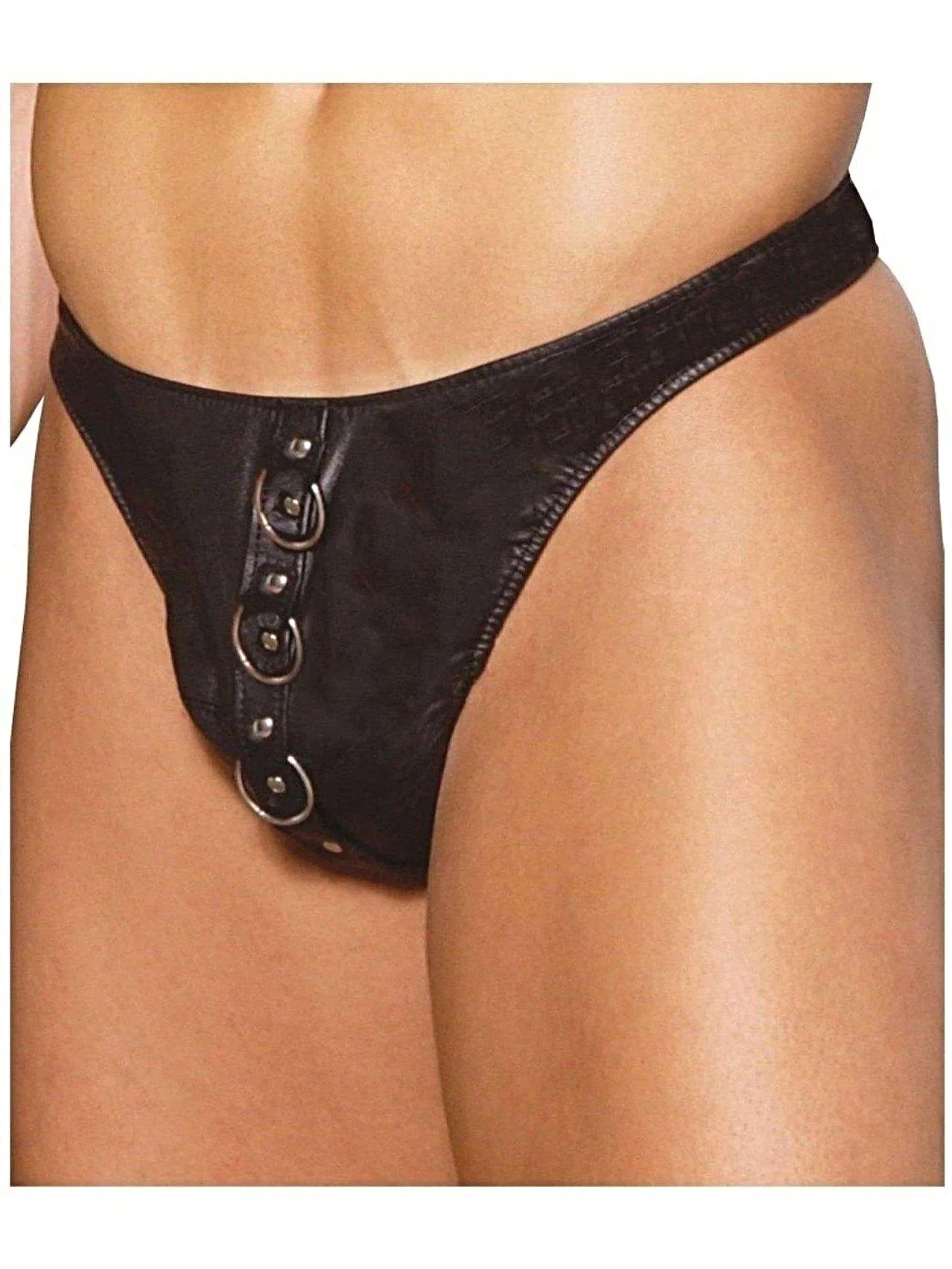 Elegant Moments L9140-L9140X Men's Leather Thong with Rings - Men's Thong