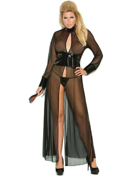 Sexy Evening Gown V1954 – Long Sleeve Mesh and Vinyl with Adjustable Back Closure, Black Color Elegant Moments