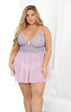 Escante 37580X Romantic Lace and mesh babydoll w/cotton lined g-string, Cotton Candy, 1X-2X-3X-Babydoll-Escante-1X-Cotton Candy-SatinBoutique