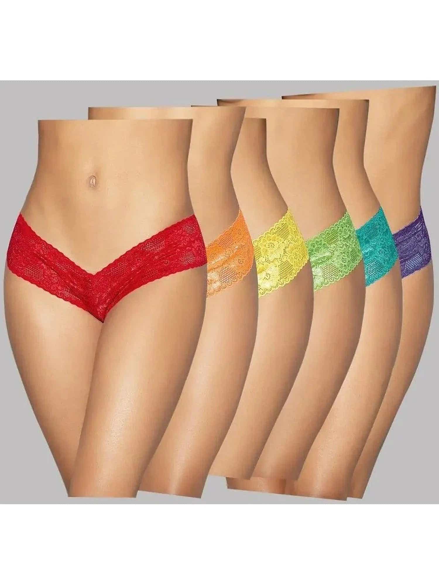 Escante  EL-65262 Cute Neon Rainbow Low Rise Panty 6/Pack, Black, Red, White, Queen Size - panty