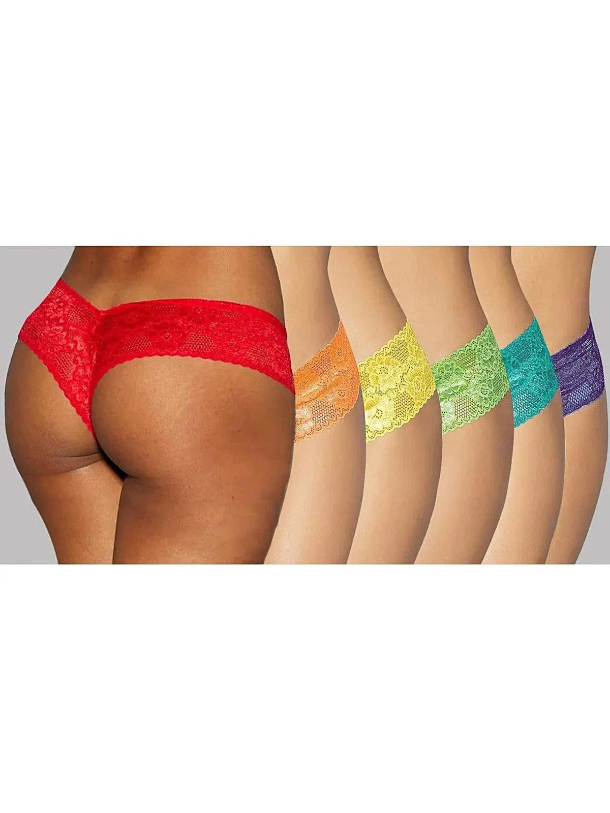 Escante  EL-65262 Cute Neon Rainbow Low Rise Panty 6/Pack, Black, Red, White, Queen Size - panty