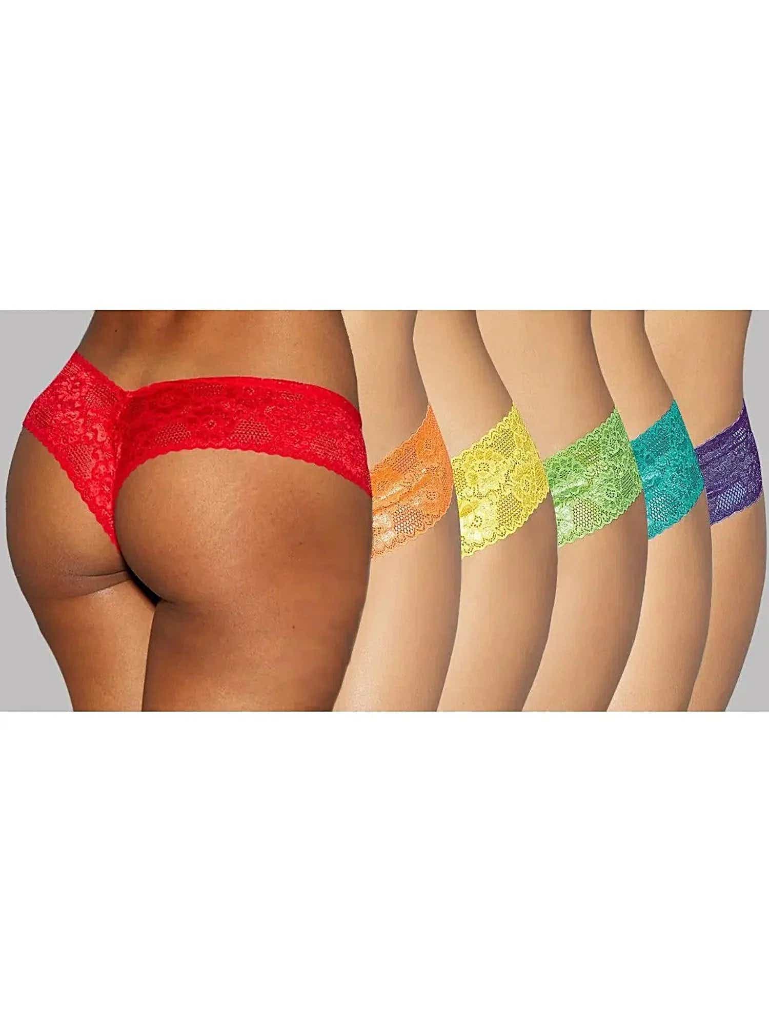 Escante  EL-65262 Cute Neon Rainbow Low Rise Panty 6/Pack, Black, Red, White, Queen Size - panty