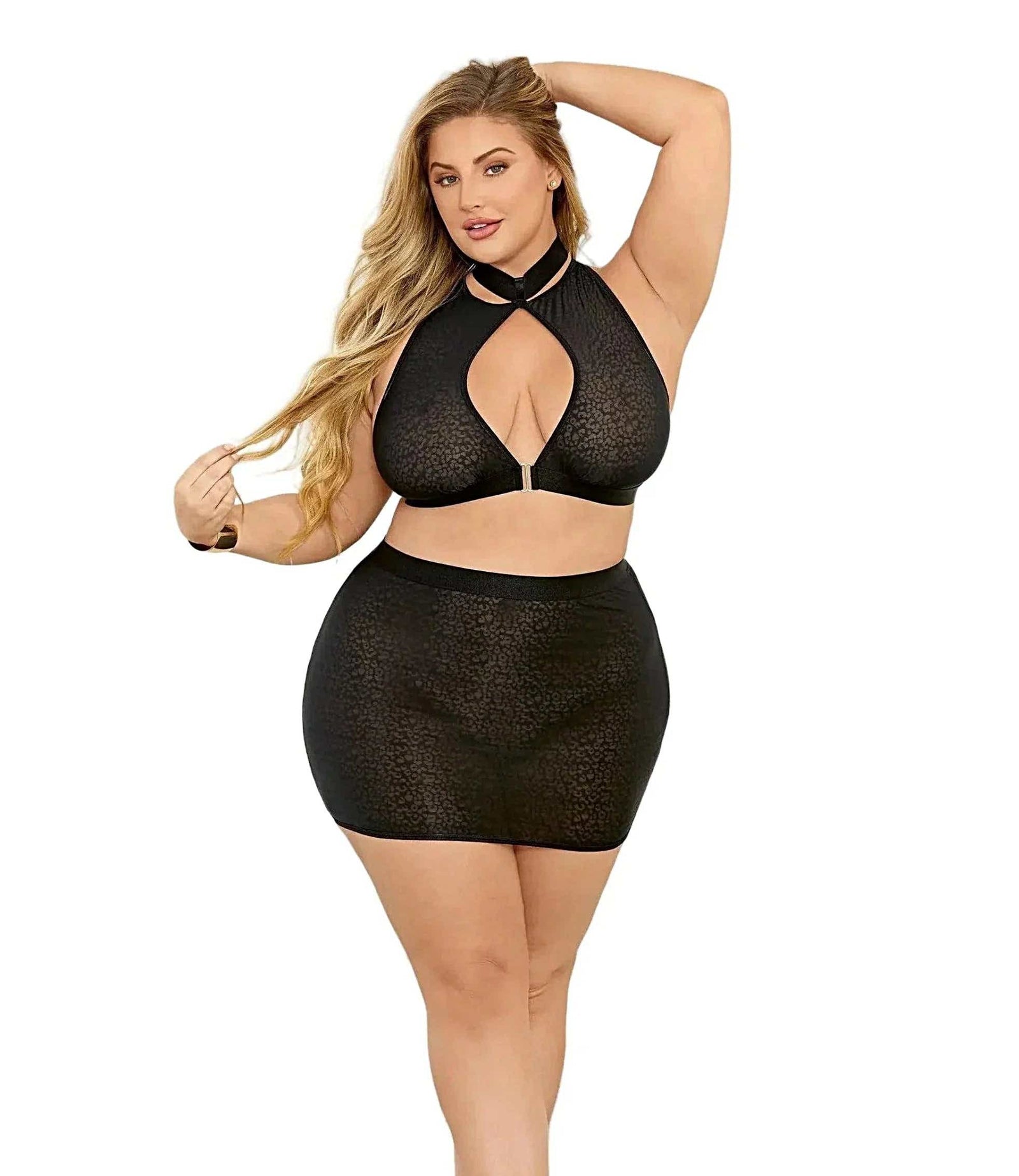 Escante EL-70080X Hi-neck animal print mesh w/wide adjustable elastic and matching skirt, Black, 1X-2X-3X - Babydoll