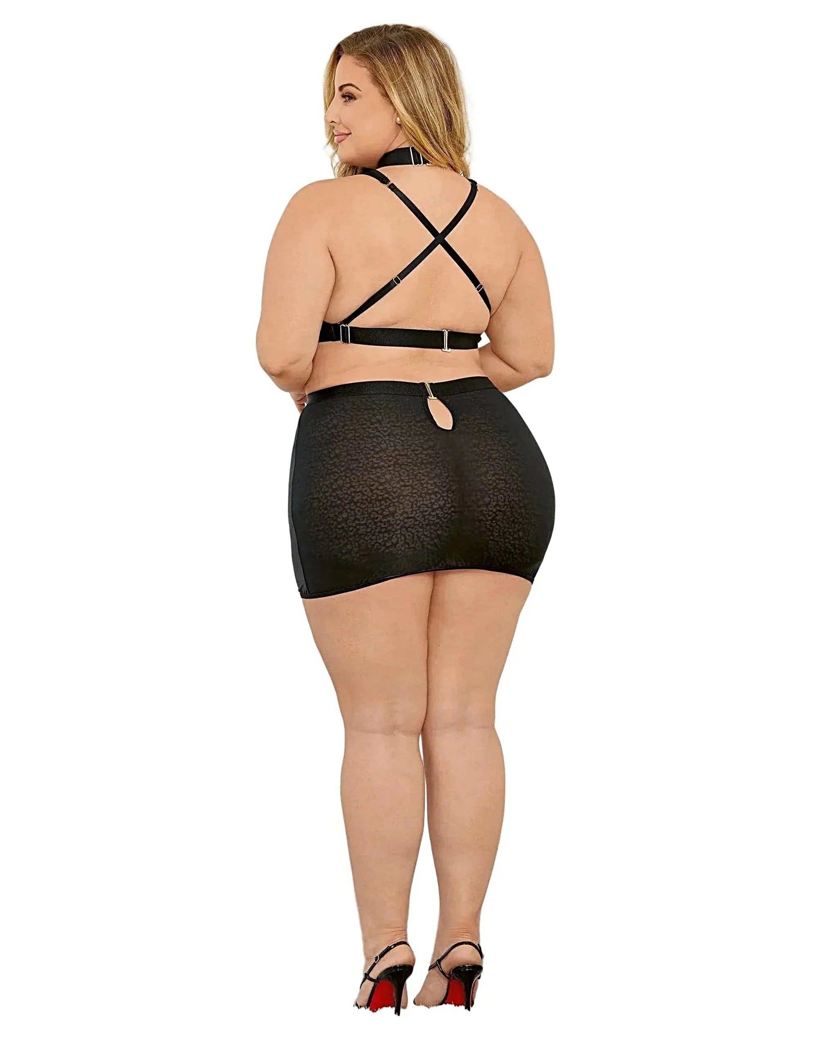 Escante EL-70080X Hi-neck animal print mesh w/wide adjustable elastic and matching skirt, Black, 1X-2X-3X - Babydoll