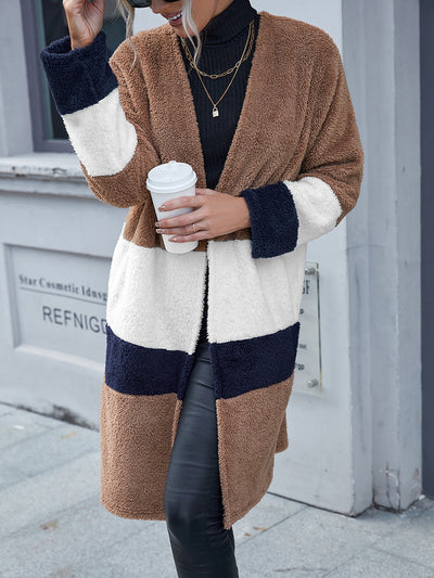 Tricolor Open Front Fuzzy Longline Cardigan Trendsi