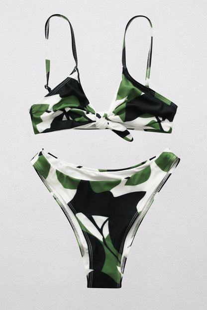 Printed Tie Front Spaghetti Strap Bikini Set Trendsi