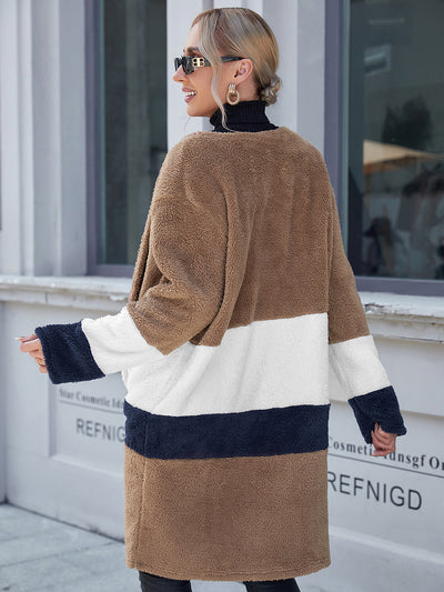 Tricolor Open Front Fuzzy Longline Cardigan Trendsi