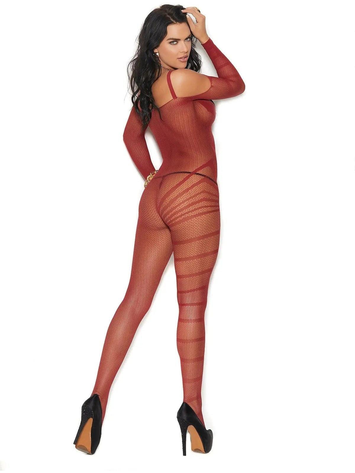 Vivace EM-82120 Crochet Burnout Cold Shoulder Bodystocking-Bodystocking-Elegant Moments-Burgundy-O/S-SatinBoutique