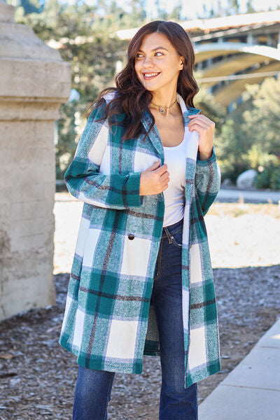 Double Take Full Size Plaid Button Up Lapel Collar Coat