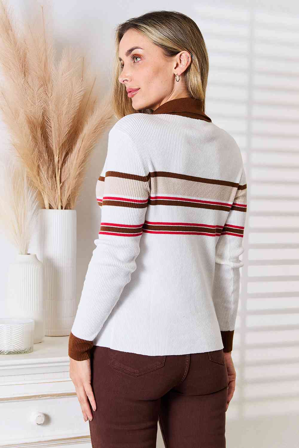 Basic Bae Striped Collared Neck Rib-Knit Top-Trendsi-SatinBoutique