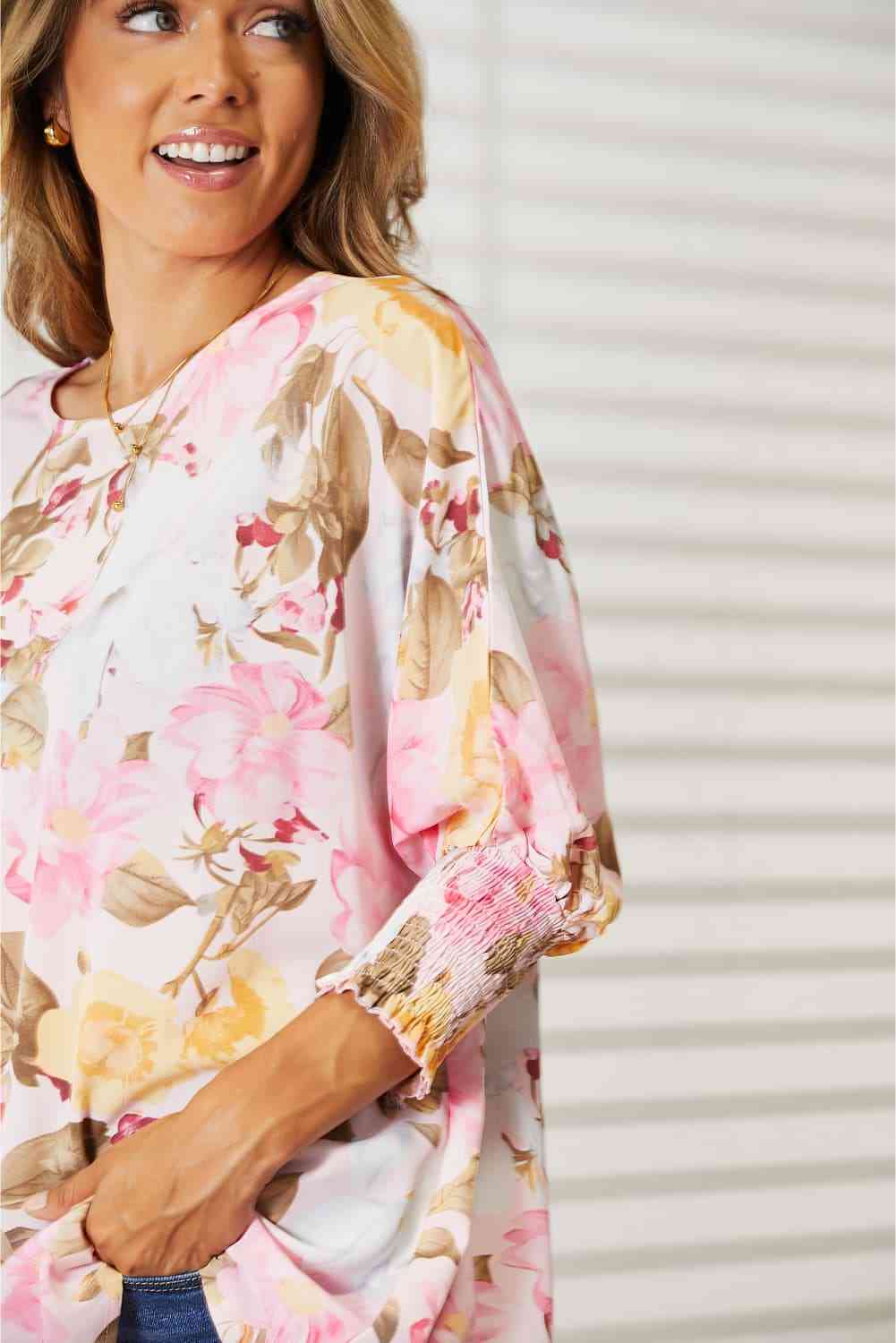 Double Take Floral Round Neck Three-Quarter Sleeve Top-Trendsi-SatinBoutique