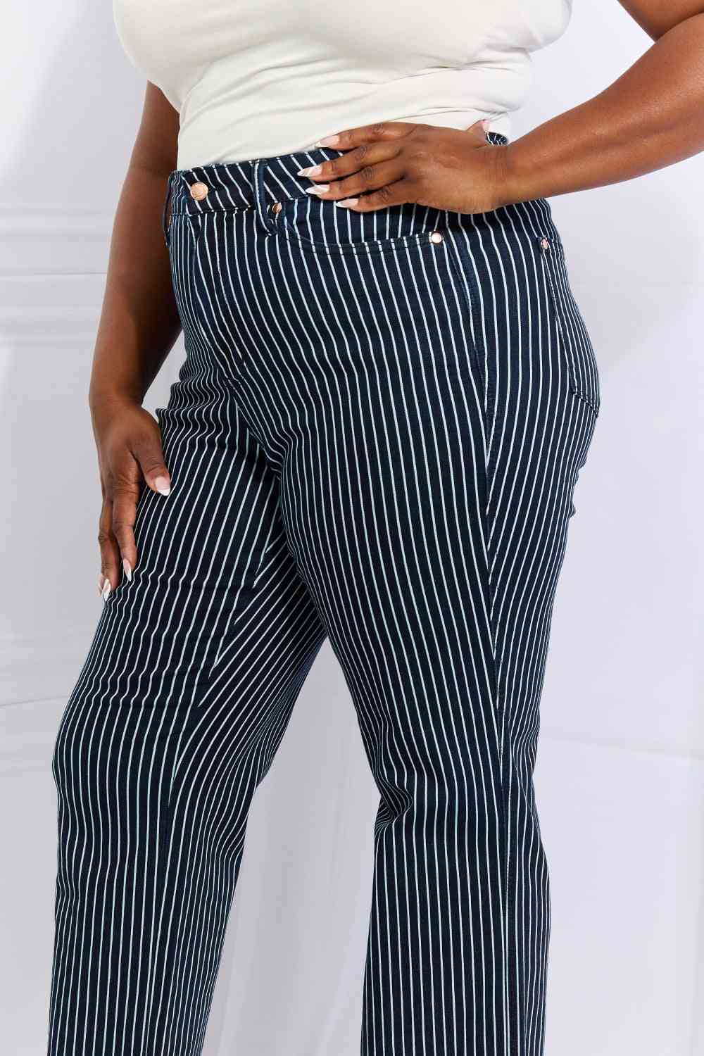 Judy Blue Cassidy Full Size High Waisted Tummy Control Striped Straight Jeans-Trendsi-SatinBoutique