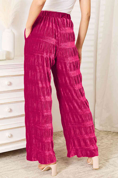 Double Take Full Size High Waist Tiered Shirring Velvet Wide Leg Pants-Trendsi-SatinBoutique