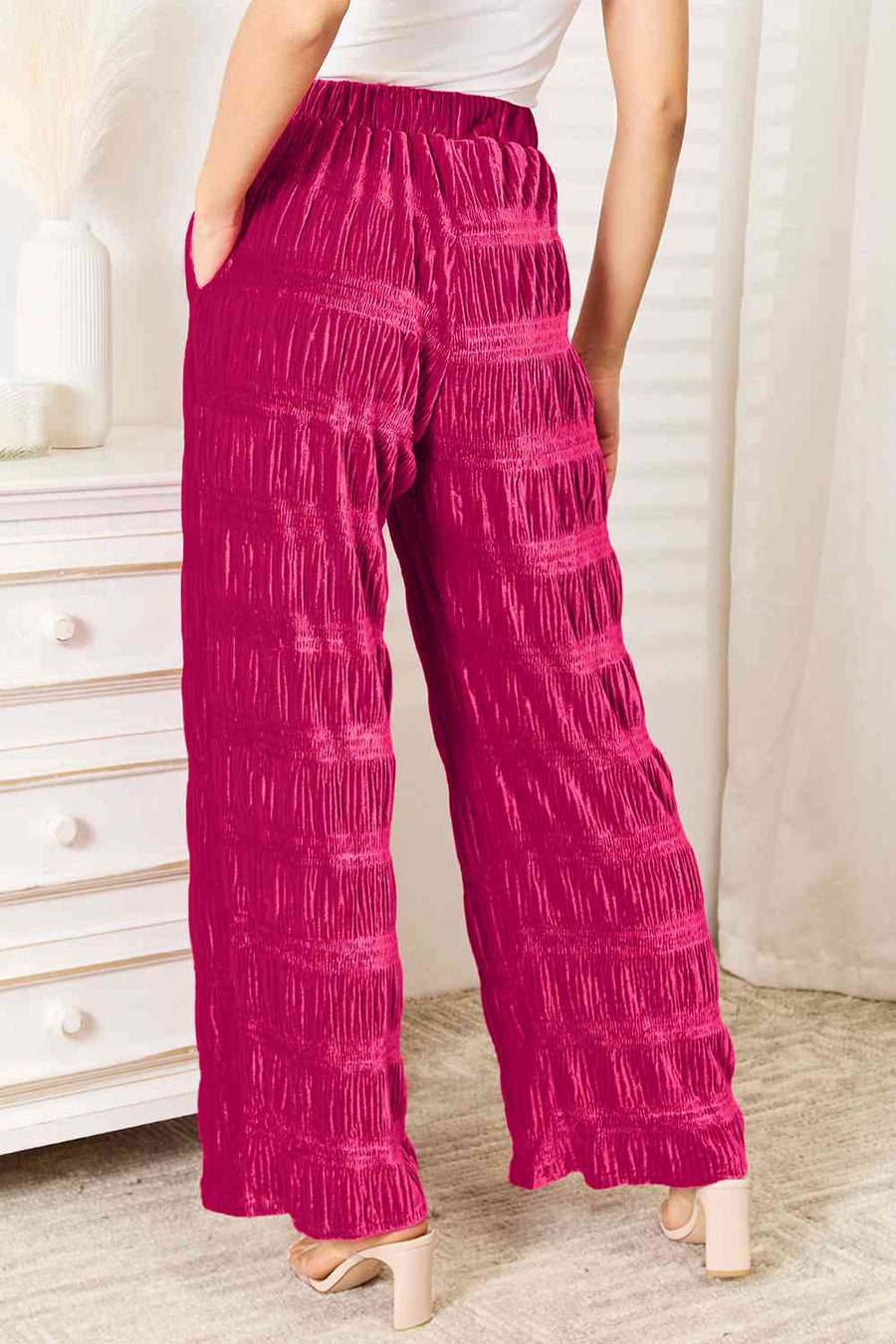 Double Take Full Size High Waist Tiered Shirring Velvet Wide Leg Pants-Trendsi-Deep Rose-S-SatinBoutique