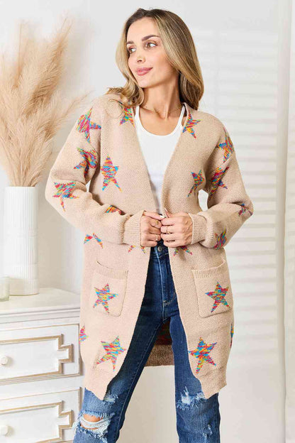 Double Take Star Pattern Open Front Longline Cardigan-Trendsi-Mocha-S-SatinBoutique