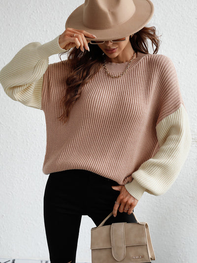 Two-Tone Rib-Knit Dropped Shoulder Sweater Trendsi