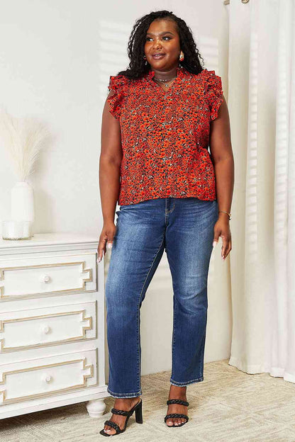 Double Take Floral Flutter Sleeve Notched Neck Blouse-Trendsi-SatinBoutique