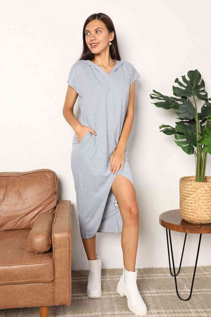 Double Take Short Sleeve Front Slit Hooded Dress-Trendsi-Light Gray-S-SatinBoutique