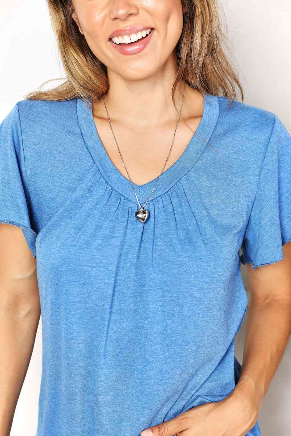 Double Take Ruched V-Neck Short Sleeve T-Shirt-Trendsi-SatinBoutique