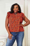 Double Take Floral Flutter Sleeve Notched Neck Blouse-Trendsi-Red Orange-XL-SatinBoutique