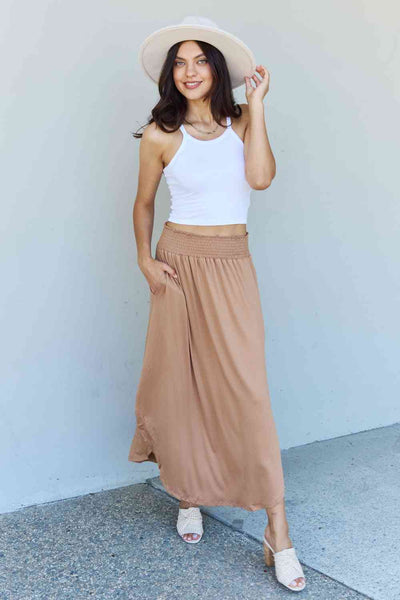 Doublju Comfort Princess Full Size High Waist Scoop Hem Maxi Skirt in Tan-Trendsi-Tan-S-SatinBoutique