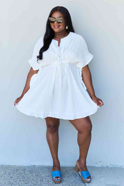 Ninexis Out Of Time Full Size Ruffle Hem Dress with Drawstring Waistband in White-Trendsi-SatinBoutique