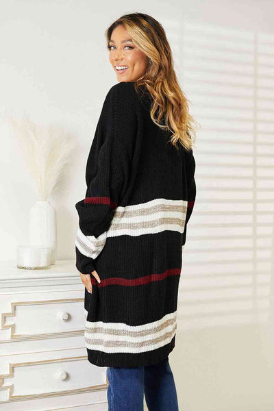 Double Take Striped Rib-Knit Drop Shoulder Open Front Cardigan-Trendsi-SatinBoutique