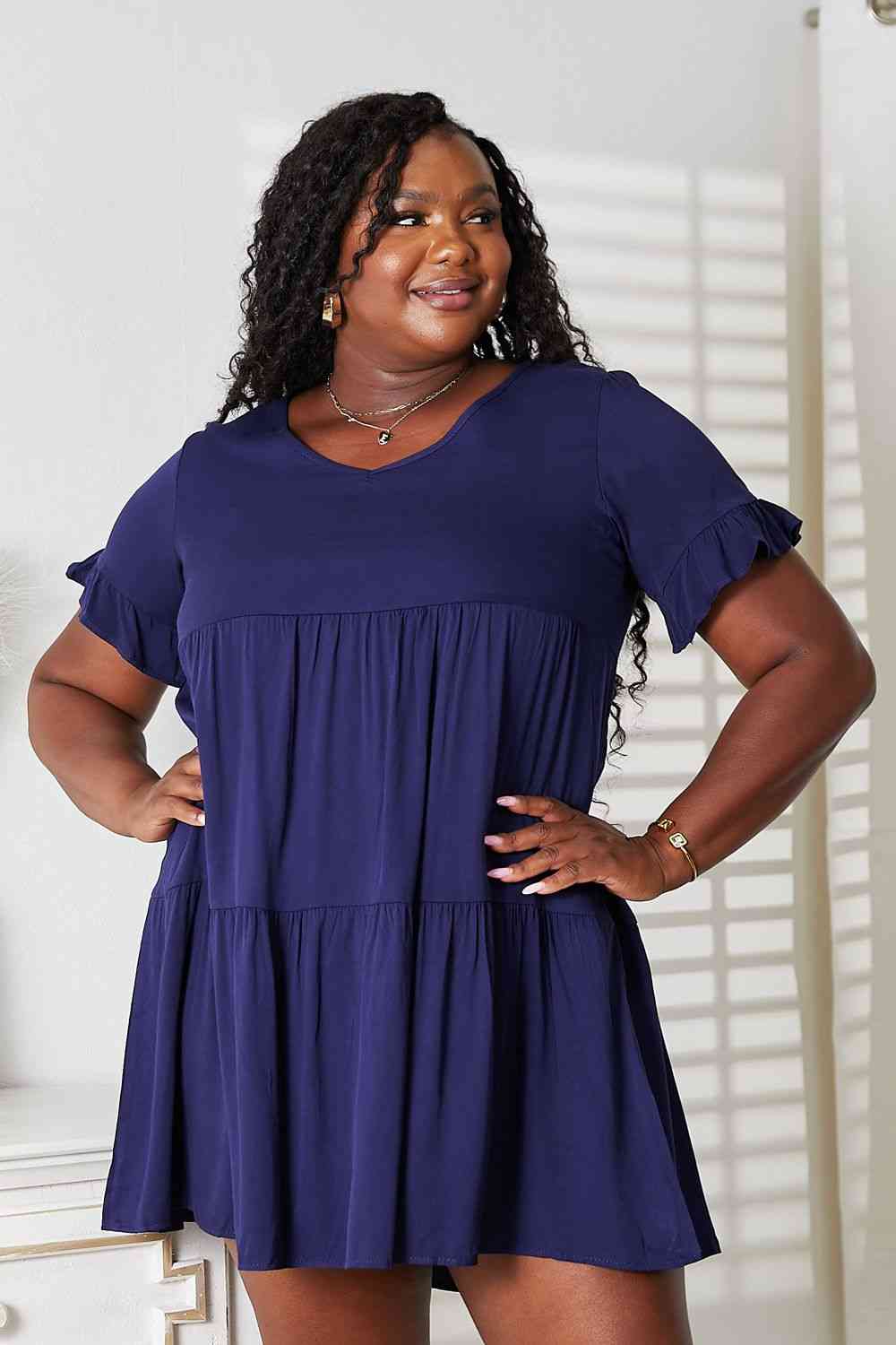 Double Take V-Neck Flounce Sleeve Tiered Dress-Trendsi-Navy-2XL-SatinBoutique