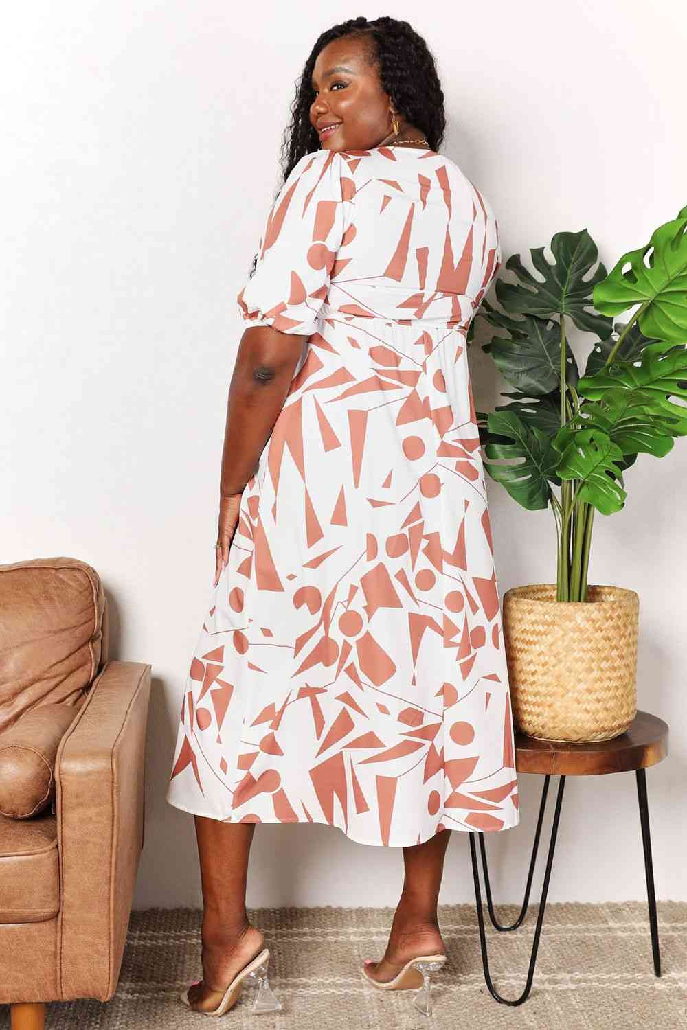 Double Take Printed Surplice Balloon Sleeve Dress-Trendsi-SatinBoutique