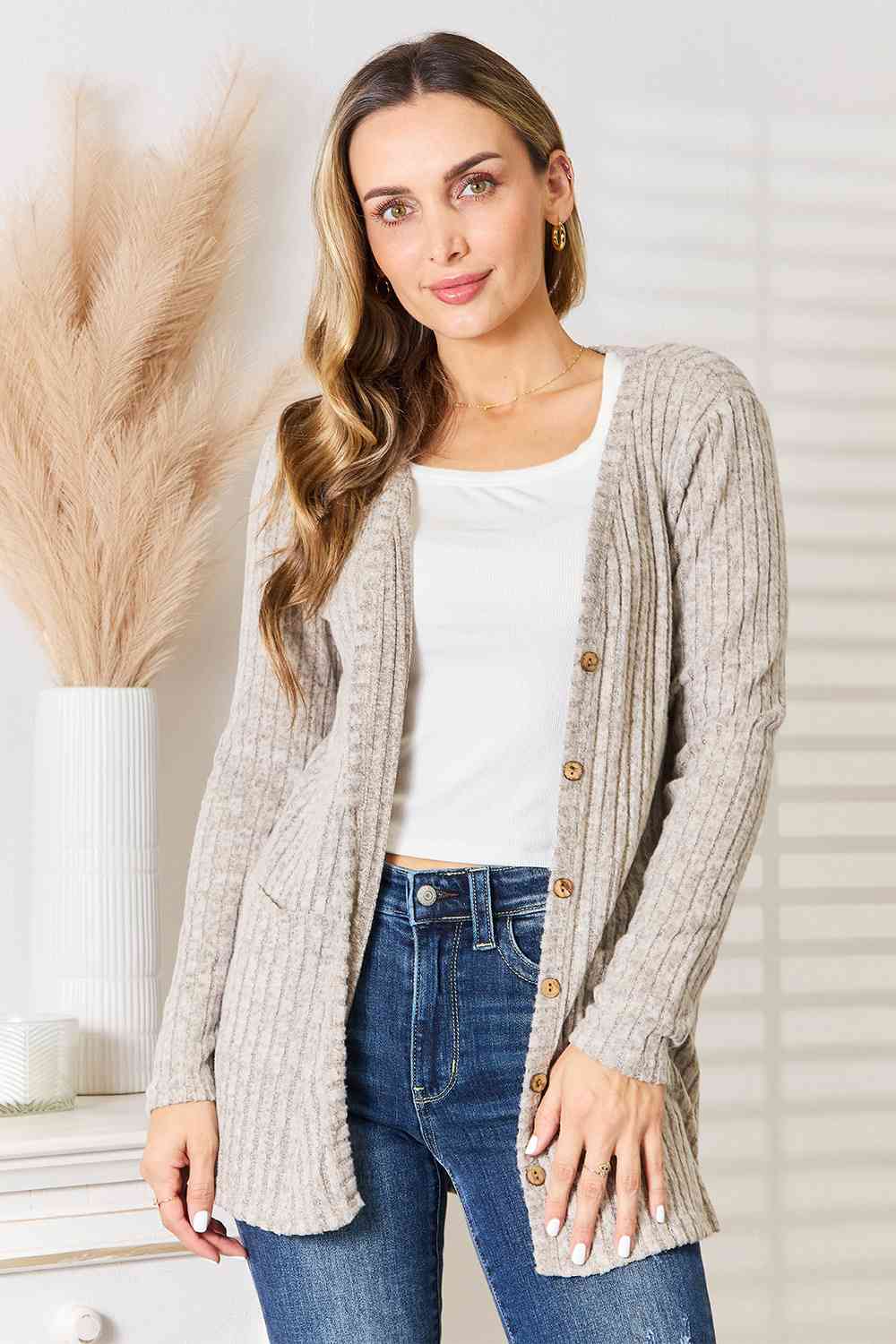 Double Take Ribbed Button Up Cardigan with Pockets SatinBoutique