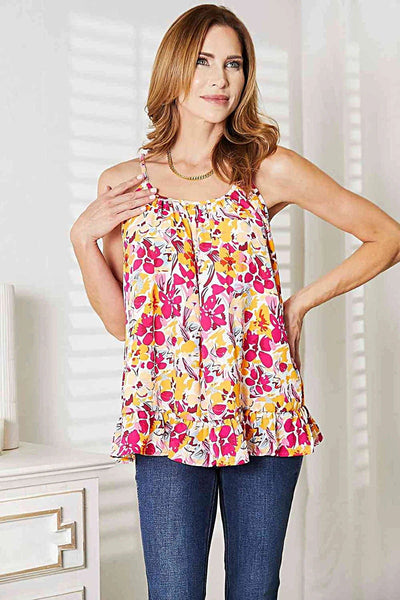 Double Take Floral Scoop Neck Ruffle Hem Cami, Also in Plus sizes -
