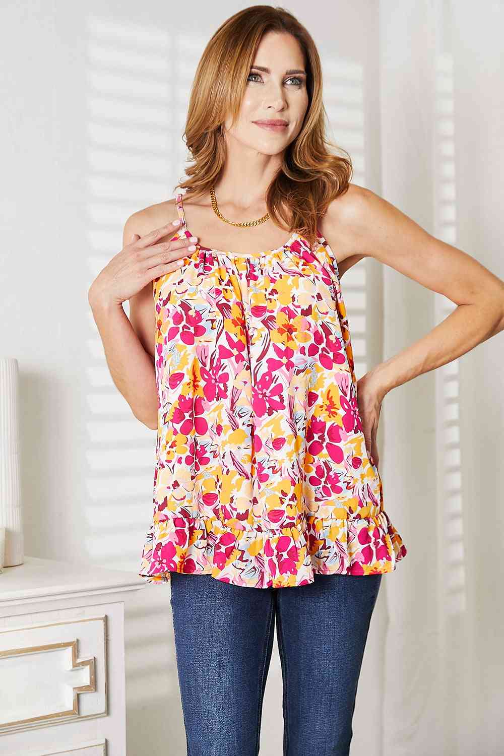 Double Take Floral Scoop Neck Ruffle Hem Cami, Also in Plus sizes-Trendsi-SatinBoutique