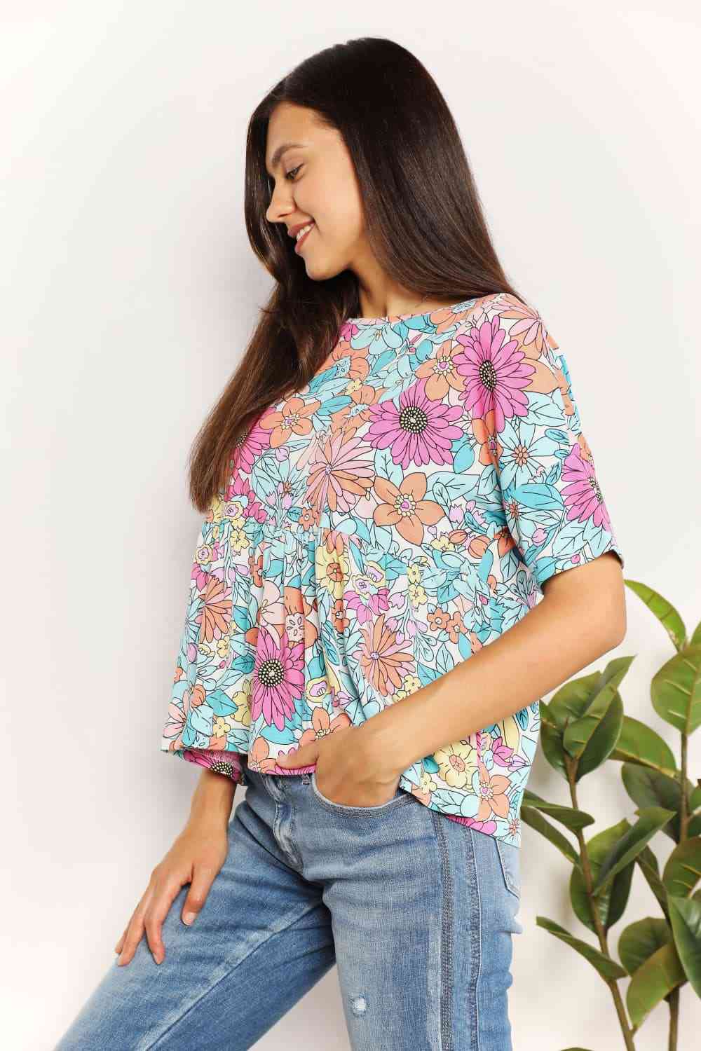 Double Take Floral Round Neck Babydoll Top-Trendsi-SatinBoutique