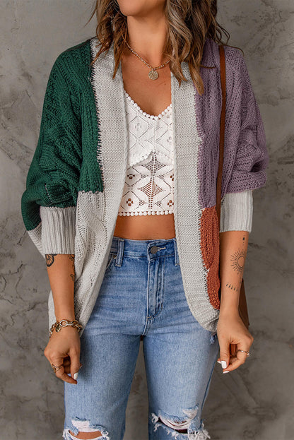 Color Block Cable-Knit Batwing Sleeve Cardigan Trendsi