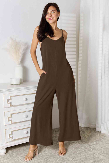 Basic Bae Full Size Spaghetti Strap V-Neck Jumpsuit-Trendsi-Chocolate-S-SatinBoutique