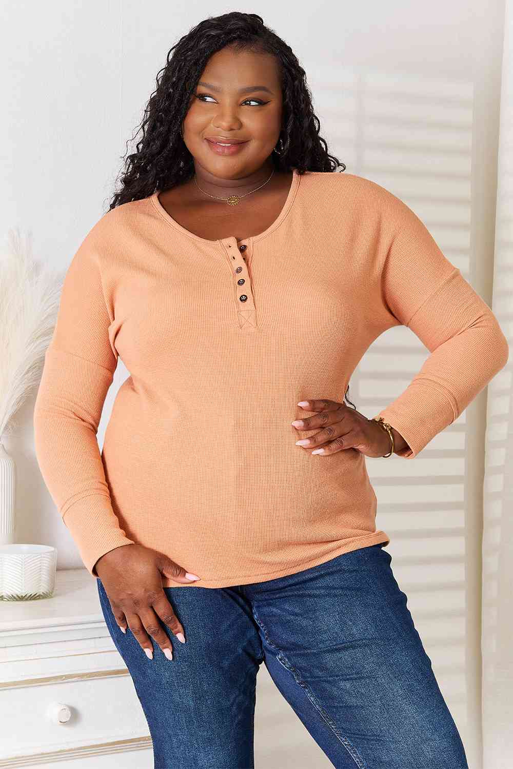 Basic Bae Half Button Long Sleeve Top-Trendsi-Pumpkin-XL-SatinBoutique