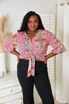 Double Take Tie Hem V-Neck Three-Quarter Sleeve Blouse-Trendsi-SatinBoutique