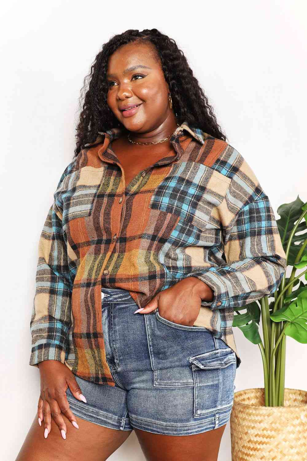 Double Take Plaid Curved Hem Shirt Jacket with Breast Pockets-Trendsi-SatinBoutique