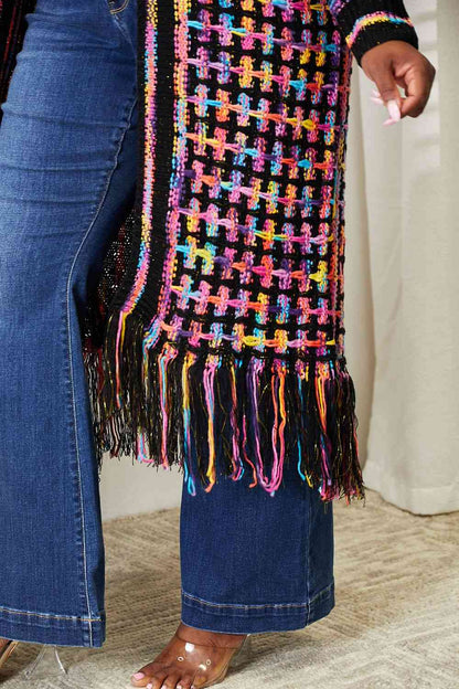 Double Take Full Size Multicolored Open Front Fringe Hem Cardigan. Also Plus sizes-Trendsi-SatinBoutique