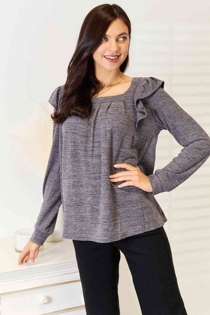 Double Take Square Neck Ruffle Shoulder Long Sleeve T-Shirt, Also Plus sizes-Trendsi-SatinBoutique