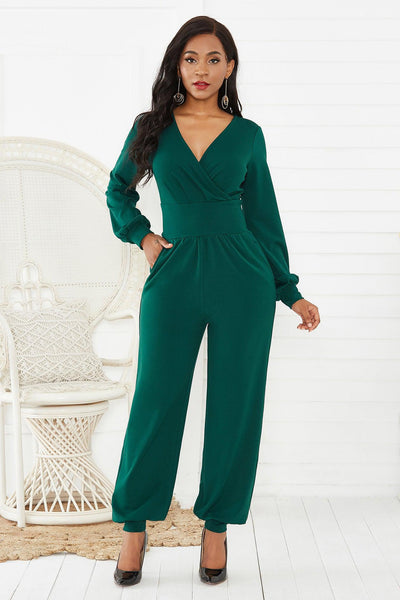 Gathered Detail Surplice Lantern Sleeve Jumpsuit Trendsi